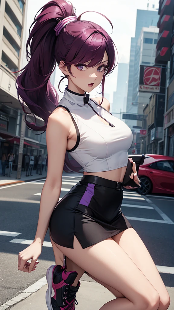 8k, beautiful woman, whole body, hair ponytail,, split pompadour, red purple hair 10, white blouse 10 sleeveless, black miniskirt 10, two bare legs, two bare arms, sports shoe, luxury car, Open mouth, slanted eyes, perfect body.