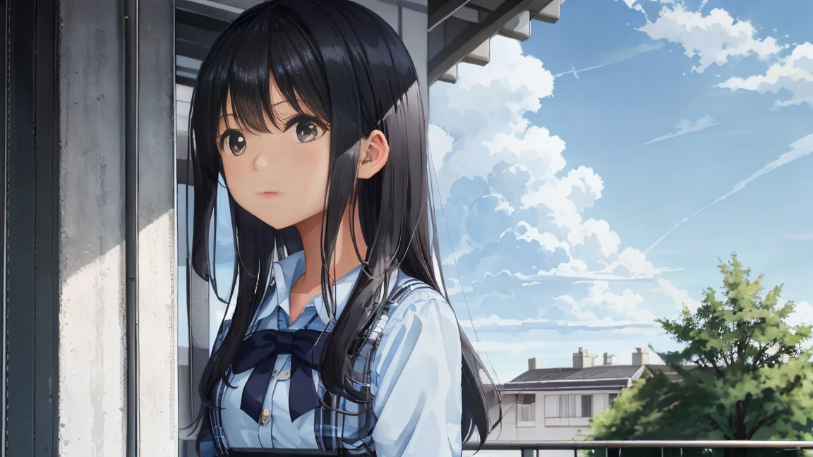 The background is a midsummer blue sky and cumulonimbus clouds、A high school girl is standing in a summer uniform with a checkered skirt, looking up at the sky with an air of youth.、Her hairstyle is long black hair
