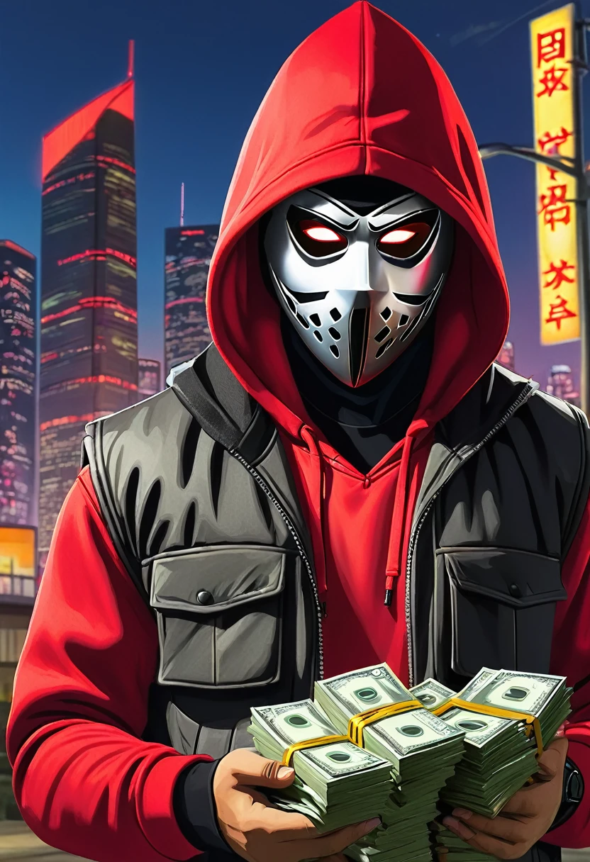 Bandit, Red hoodie with a hood, hockey mask, Red eyes, in a bulletproof vest, counts stacks of money in his hands, in the background there is a city and a sign with the inscription SHARD, Evening, city lights, gta, crime theme, good quality,