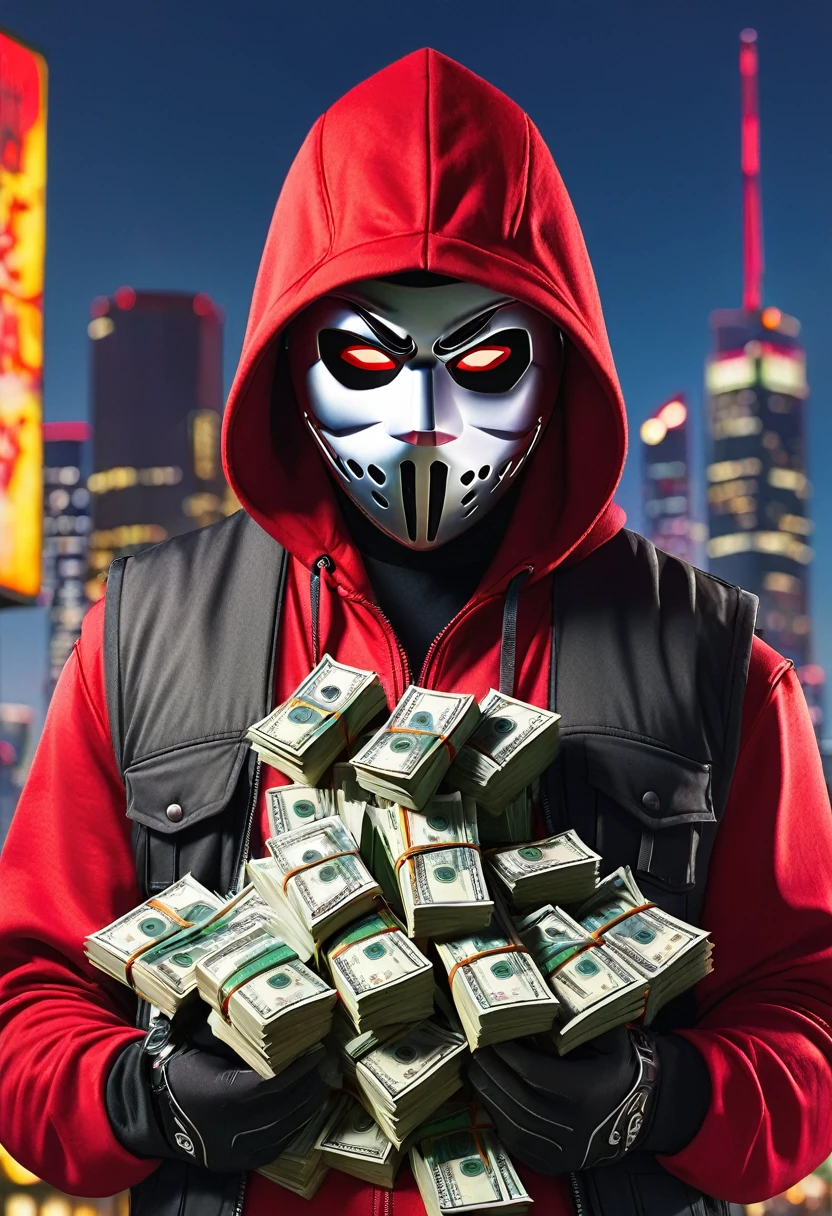 Bandit, Red hoodie with a hood, hockey mask, Red eyes, in a bulletproof vest, counts stacks of money in his hands, in the background there is a city and a sign with the inscription SHARD, Evening, city lights, gta, crime theme, good quality,