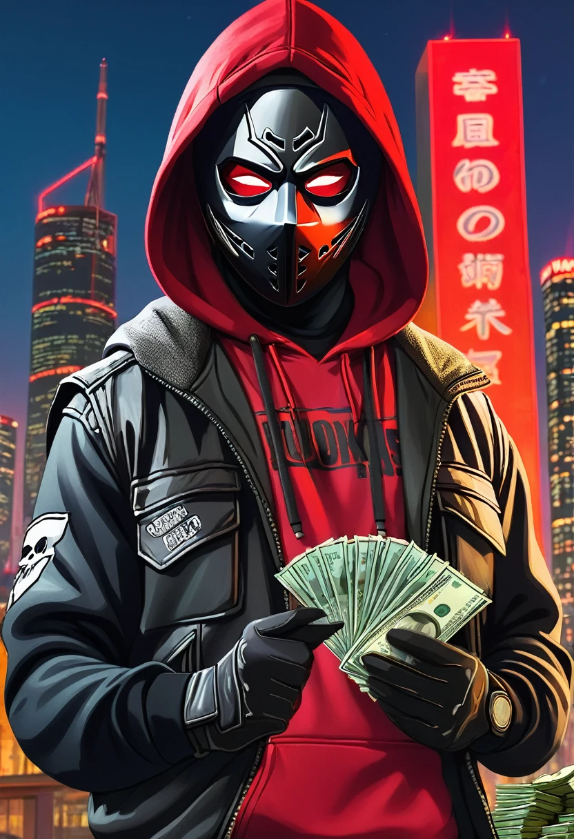 Bandit, Red hoodie with a hood, hockey mask, Red eyes, in a bulletproof vest, counts stacks of money in his hands, in the background there is a city and a sign with the inscription SHARD, Evening, city lights, gta, crime theme, good quality,