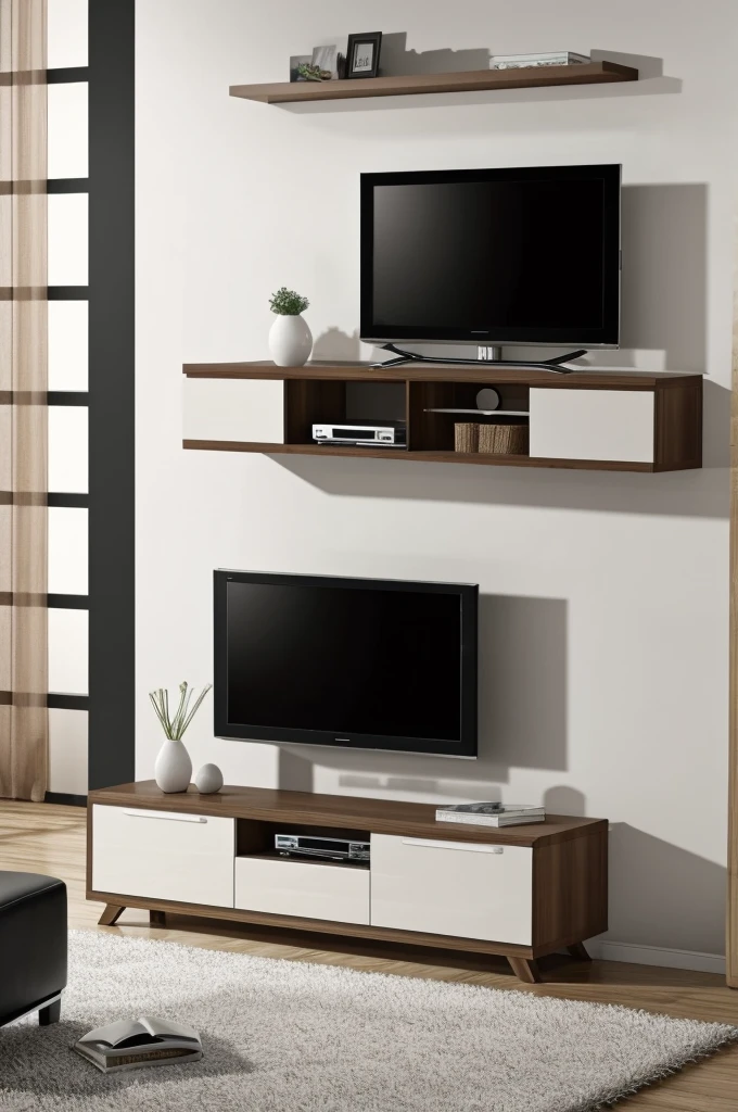 Give me a TV with melamine furniture and that it is in front without the TV and that it is very realistic, I mean very real so that people believe it. There is no TV without the TV, only the furniture. 