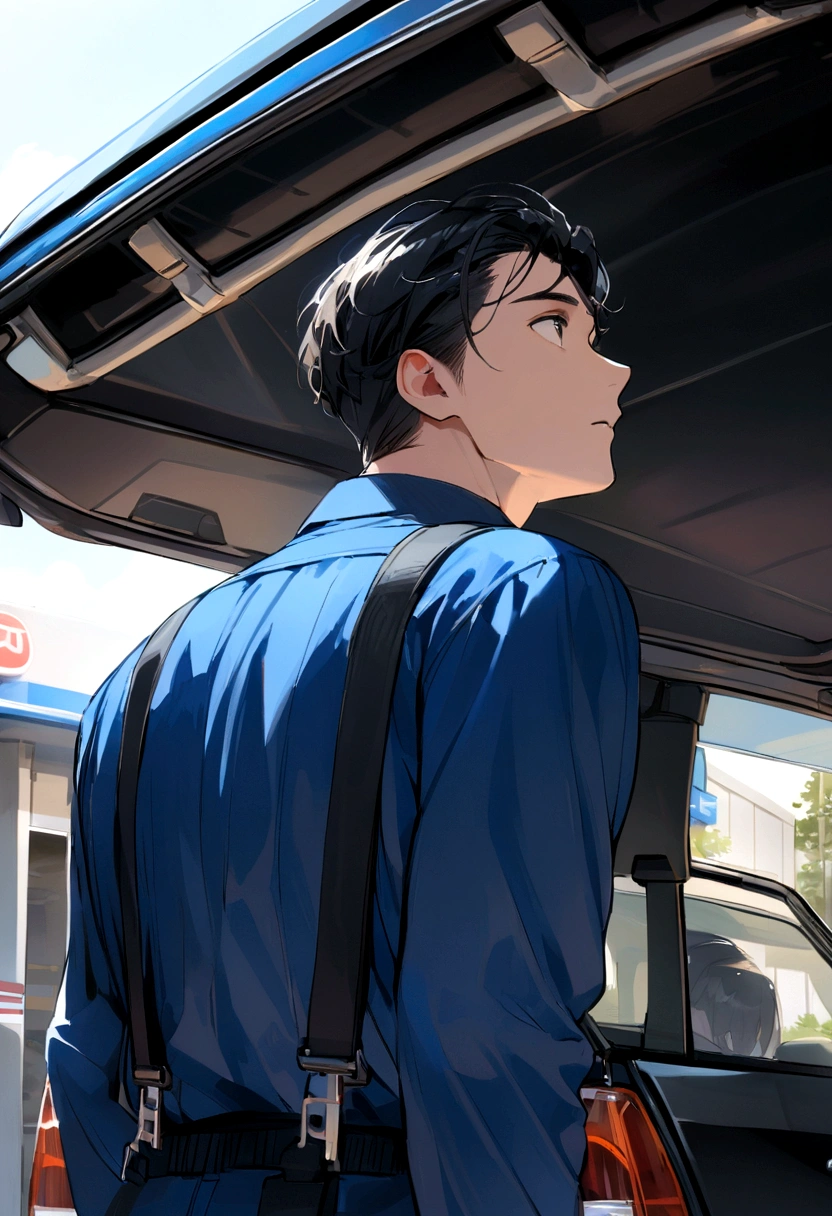 Handsome boy with black hair、Part-time job at a gas station、Blue uniform、Jack up the car、Working under the car、Looking up、Rear view