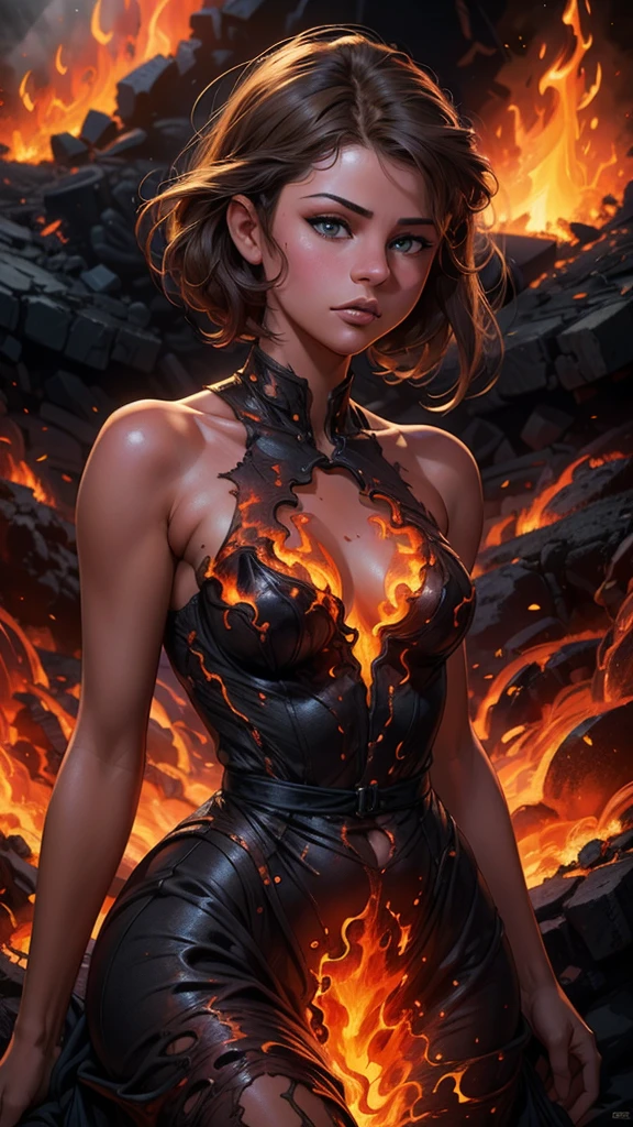 (La Best Quality,A high resolution,Ultra - detailed,actual),Selena Gomez con un vestido hecho de lava magma, (fire magma dress :1.4), ,(Ruined dungeon ruins background:1.4 ), More detailed 8K.unreal engine:1.4,UHD,La Best Quality:1.4, photorealistic:1.4, skin texture:1.4, Masterpiece:1.8,first work, Best Quality,object object], (detailed face features:1.3),(The correct proportions),(Beautiful blue eyes),  (dynamic cowboy pose), (Selena Gomez :1.4), (perfect anatomy :1.4),( cinematic lighting :1.4), (face detailed Selena Gomez :1.4) 