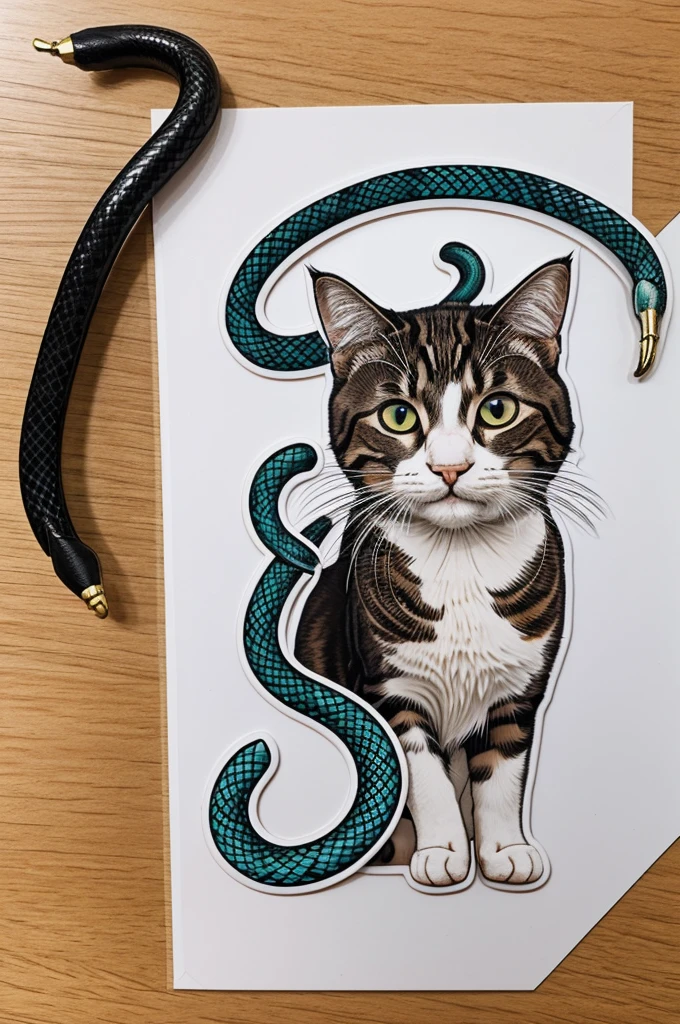 Sticker of a cat with a snake 