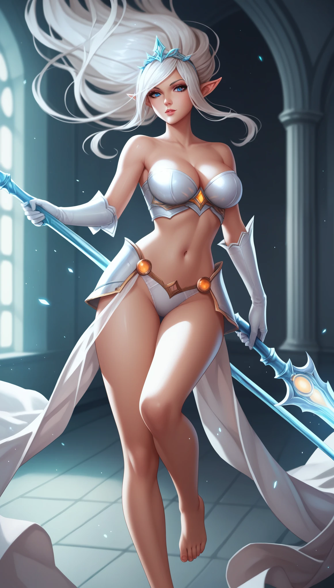 score_9, score_8_up, score_7_up, score_6_up, score_5_up, score_4_up, BREAK, JannaLoLXL, blue eyes, white hair, long hair, floating hair, parted bangs, sidelocks, pointy ears, tiara, large breasts, white armor, orange jewelry, bare shoulders, cleavage, white midriff, navel, white elbow gloves, hips armor, panties, greaves, barefoot, solo, standing, looking at viewer, indoors