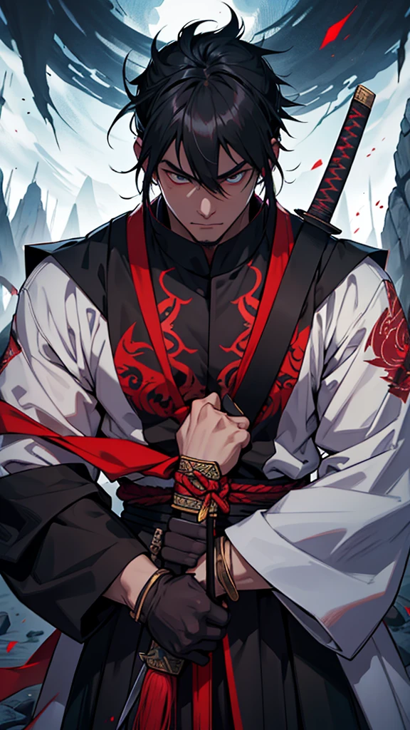 **name:** Kurogami
**Description:**
Kurogami is an imposing and mysterious swordsman, Known for his legendary swordsmanship and half-human nature, half demon. His deep, intense eyes reflect both the fury of his demonic heritage and the compassion of his humanity.. His night-black hair is adorned with red highlights that shine in moments of combat..
**tenue:**
He wears traditional samurai armor, but with subtle demonic details, like sinuous patterns and shadowy colors that reflect your duality. The sword he carries is an ancient katana with a blade as black as ebony., pulsating with a contained demonic energy.
**Personalidade:**
Kurogami is calm and reserved most of the time, preferring the solitude of mountains and forests. However, when faced with injustice or threat to the innocent, his demonic fury emerges, transforming him into a ruthless and feared warrior.
**history:**
Born from the forbidden union between a human samurai and a demonic goddess, Kurogami was rejected by both societies. He trained tirelessly in the sword arts to find his place in the world, Seeking redemption through protecting those who cannot defend themselves. Your journey takes you to face dark creatures and other legendary swordsmen, as he struggles to reconcile his divided heritage and discover the true meaning of his existence.