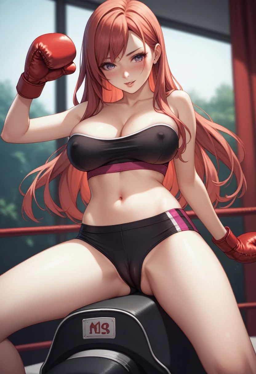 A slim beautiful girl,18 years old,Good shape,Pretty Face,detailed picture, blush,Light long hair, Wearing a strapless sports bra, Wearing black tights, Wearing boxing gloves, Alone and riding on the opponent in a sexy position,Large Breasts,Cleavage,Thin legs,nipple,Camel toe