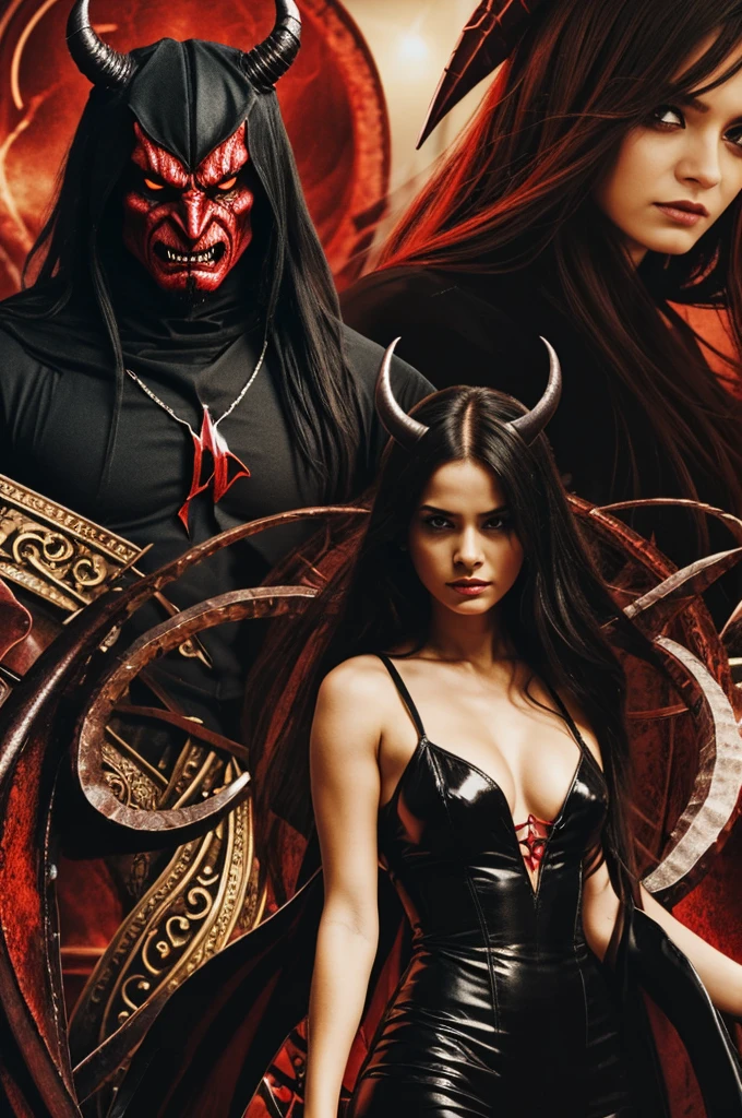 Create a collage with a demon in the middle and images of sin around you