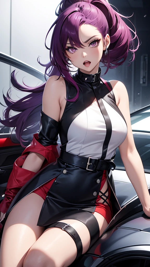 8k, beautiful woman, whole body, hair ponytail,, split pompadour, red purple hair 10, white blouse 10 sleeveless, black miniskirt 10, two bare legs, two bare arms, dark blue high heels, luxury car, Open mouth, slanted eyes, perfect body.