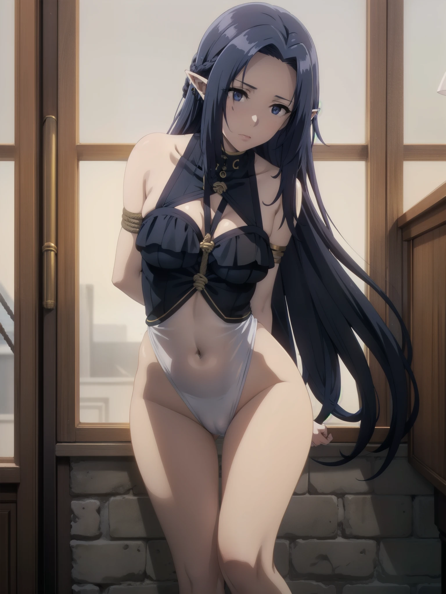 1girl, solo, suspension, down, rope, 1girl, bodysuit, bound arms, indoors, leotard, bdsm, shibari, arms behind back, restrained, navel, leaning forward, feet,dark blue hair,,long hair,blue eyes,pointy ears,elf