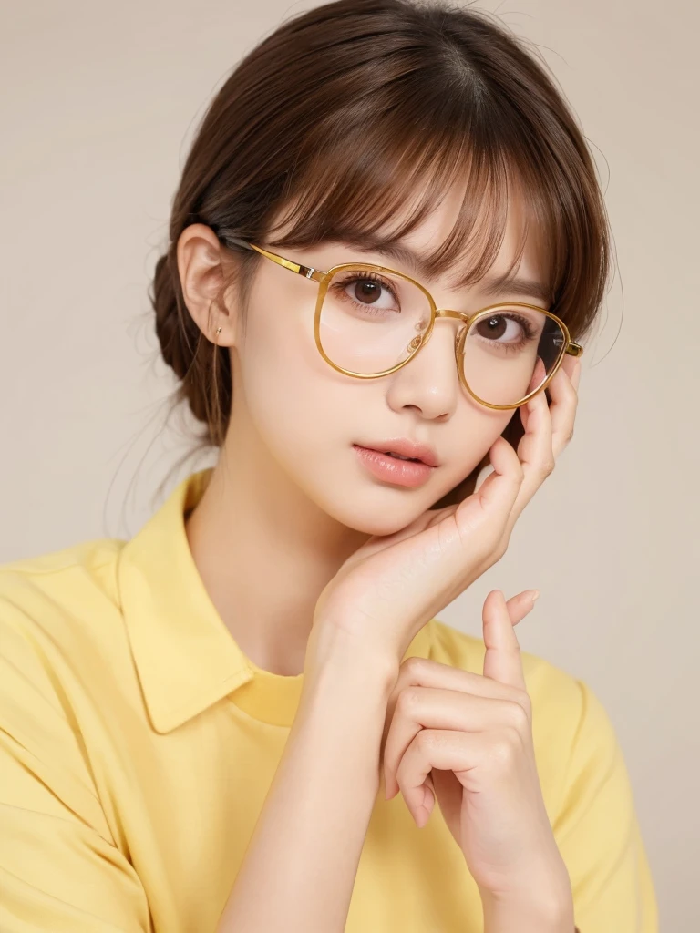 1girl, masterpiece, high_quality, yellow_shirt, glasses, brown_hair
