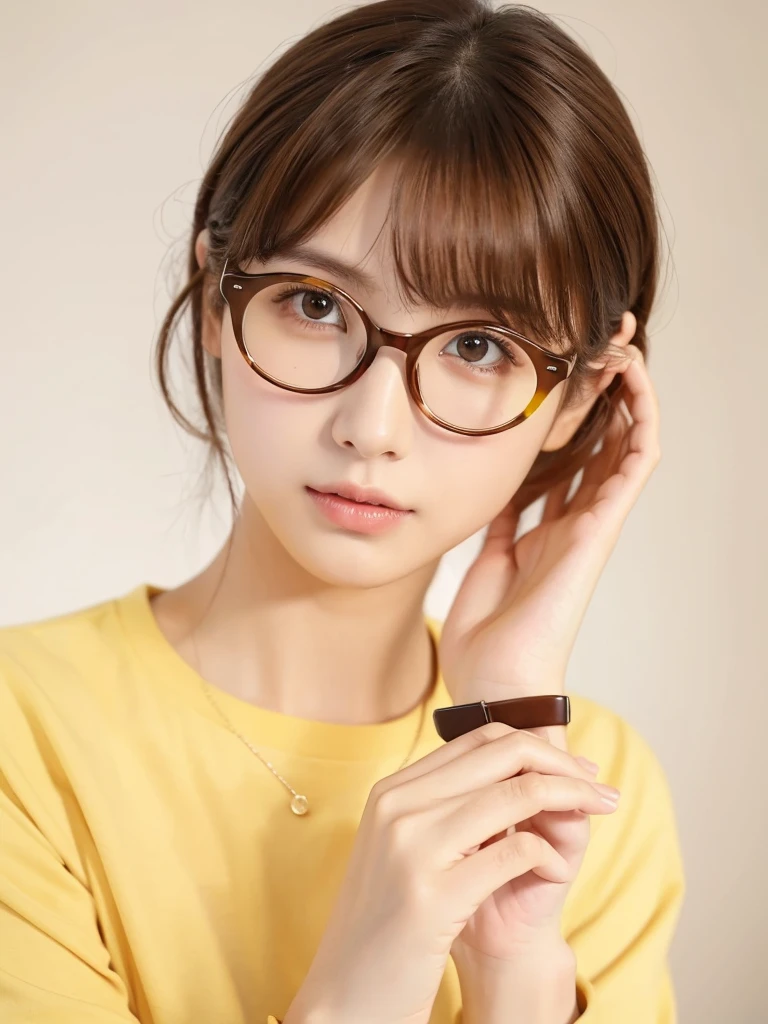 1girl, masterpiece, high_quality, yellow_shirt, glasses, brown_hair