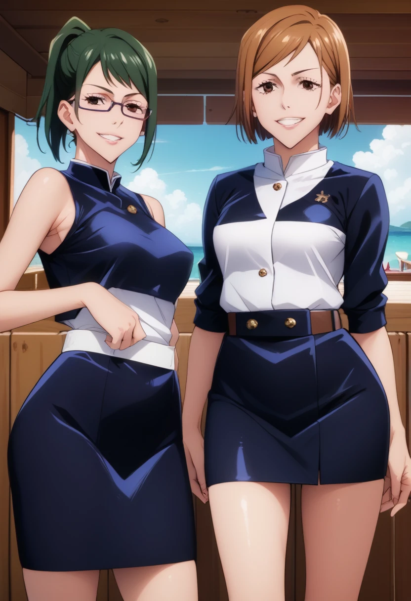score_9_up, score_8_up, score_7_up, 2girls, mature females, (((Nobara Kugisaki and Maki Zenin))),(((First girl is Nobara has short brown bob hair, brown eyes, blue tight uniform with skirt))), (((Second girl is Maki has green ponytail hair, glasses, yellow eyes, blue tight uniform with tight skirt))), naughty smiles, they are looking at viewer,((yacht cabin)), day time, standing tall in seductive poses