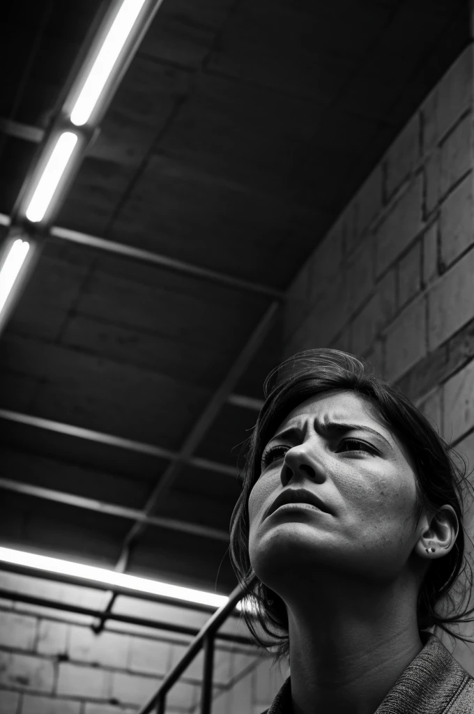 An entire town shouting and insulting, looking up with sick and weak faces., with gray tones
