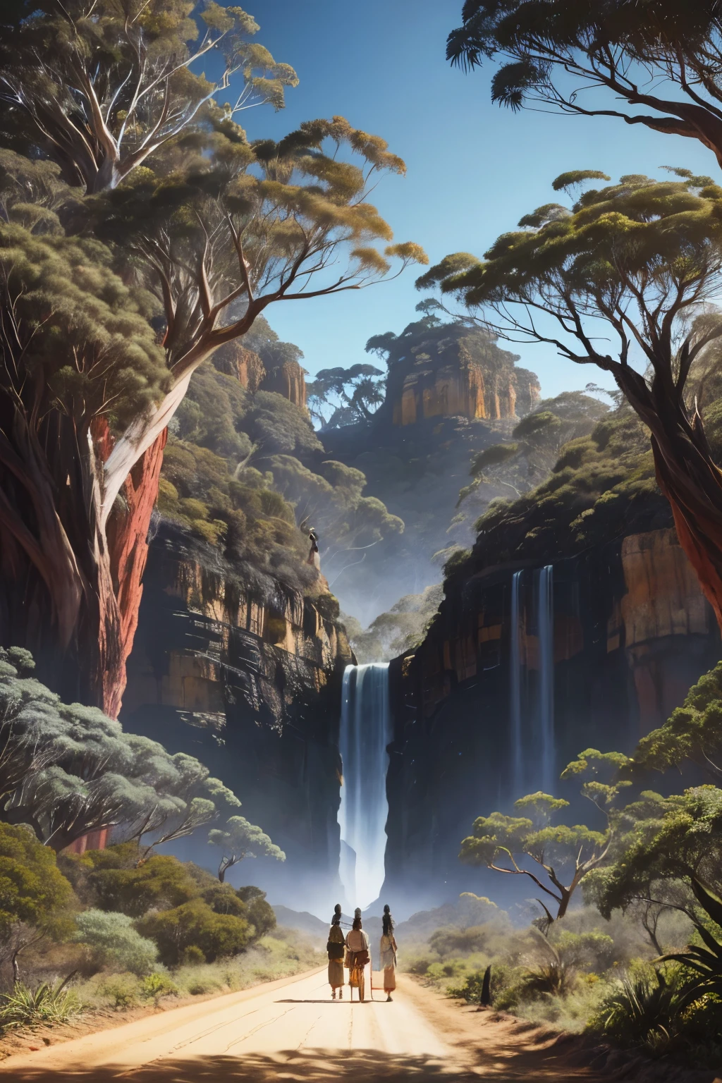 A captivating and highly detailed visual representation of Australian Aboriginal people, as depicted in the year 1788, is crafted with a Studio Ghibli-inspired style. A depth effect in the sky adds a sense of grandeur to the environment, while the perspective from below emphasizes the awe-inspiring beauty of the surrounding coastlines.

The bokeh effect gracefully blurs the backdrop, drawing the viewer's focus to the Aboriginal individuals and the intricate details of their immediate surroundings. Lush vegetation adorns the landscapes, with meticulous attention paid to the details of the Australian flora and fauna, evoking a profound sense of