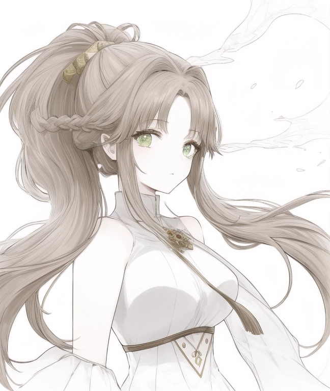 1 girl, 25 years old, wicth, long brown hair, ponytail, green eyes, gradient, aura green, fire magic, european clothes, 2d, masterpiece, best quality, anime, highly detailed face, white background, perfect lighting, looking at viewver, portrait,