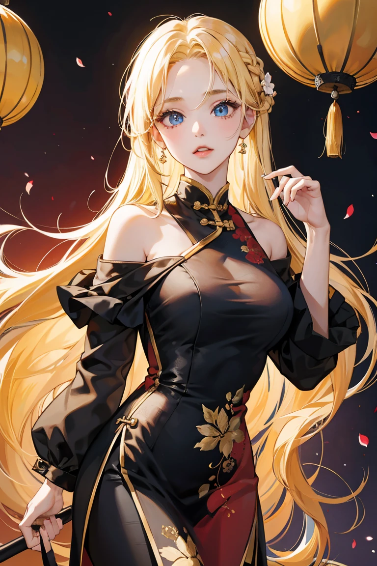 1girl, 30 years old, Chinese, chinese dress, black dress, off-the-shoulder, blonde hair, long hair, blonde, blue eyes, good fingers