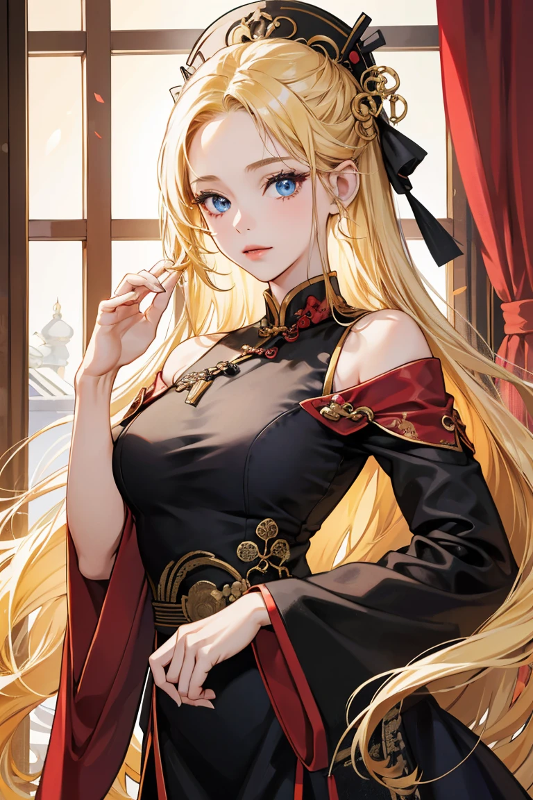 1girl, 30 years old, Chinese, chinese dress, black dress, off-the-shoulder, blonde hair, long hair, blonde, blue eyes, good fingers 