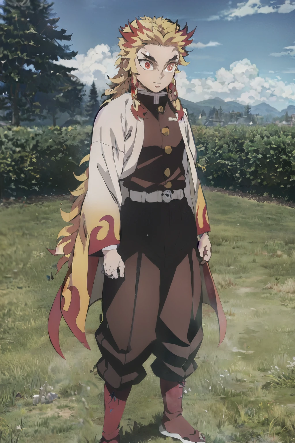 Rengoku Kyoujurou, Demon slayer, 1 young boy, standing alone, trunk, sky, naturey, Tree, male focus,  long hair dread braids , ssmile, hair blonde, Red hair,  Eyes red, long sleeves, Demon slayer uniform, plein-air, giorno, best qualityer, work of art, Plus he has black skin
