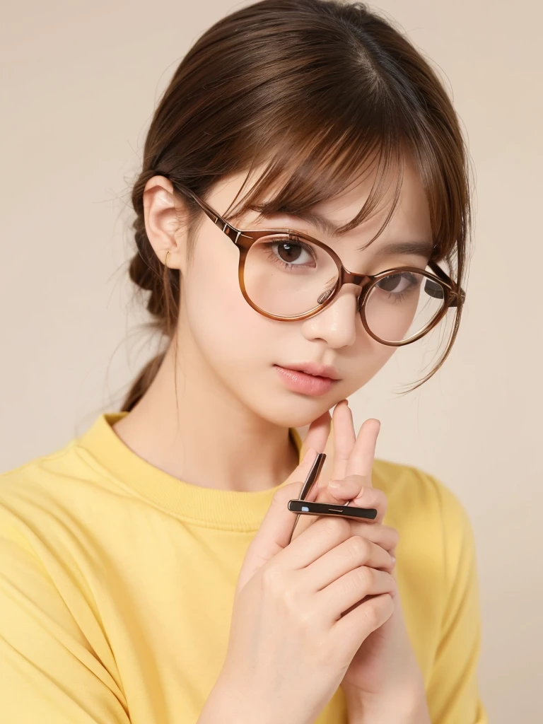 1girl, masterpiece, high_quality, yellow_shirt, glasses, brown_hair