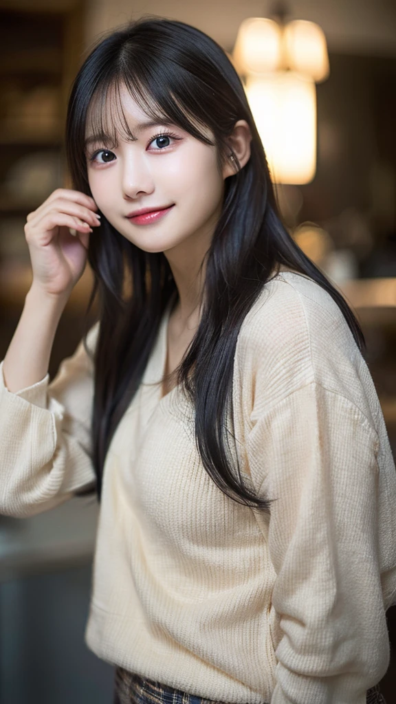randome pose、(top-quality,​masterpiece:1.3,超A high resolution,),(Ultra-detail,Caustics),(Photorealsitic:1.4,RAW shooting,)Ultra-realistic capture,A highly detailed,High resolution 16K human skin closeup、 Skin texture is natural、、The skin looks healthy with an even tone、 Use natural light and color,1 girl,japanes,22year old,kawaii,Black Hair、Middle hair,,smil,,(depth of fields、chromatic abberation、、Wide range of lighting、Natural Shading、)、holding a mug in one hand