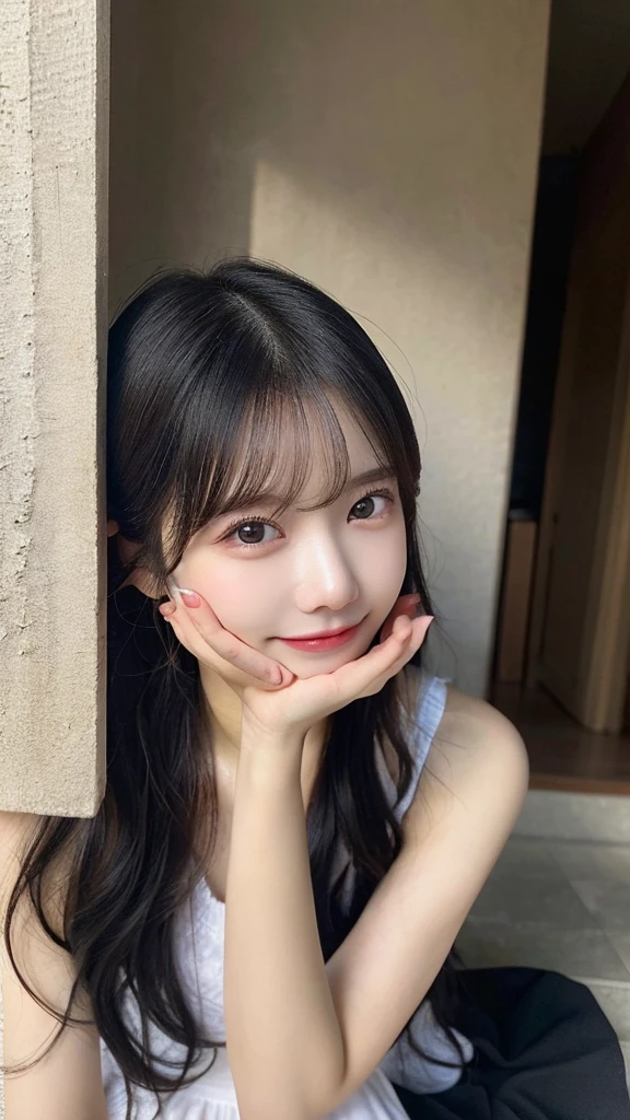 randome pose、(top-quality,masterpiece:1.3,超A high resolution,),(Ultra-detail,Caustics),(Photorealsitic:1.4,RAW shooting,)Ultra-realistic capture,A highly detailed,High resolution 16K human skin closeup、 Skin texture is natural、、The skin looks healthy with an even tone、 Use natural light and color,1 girl,japanes,22year old,kawaii,Black Hair、Middle hair,,smil,,(depth of fields、chromatic abberation、、Wide range of lighting、Natural Shading、)、holding a mug in one hand
