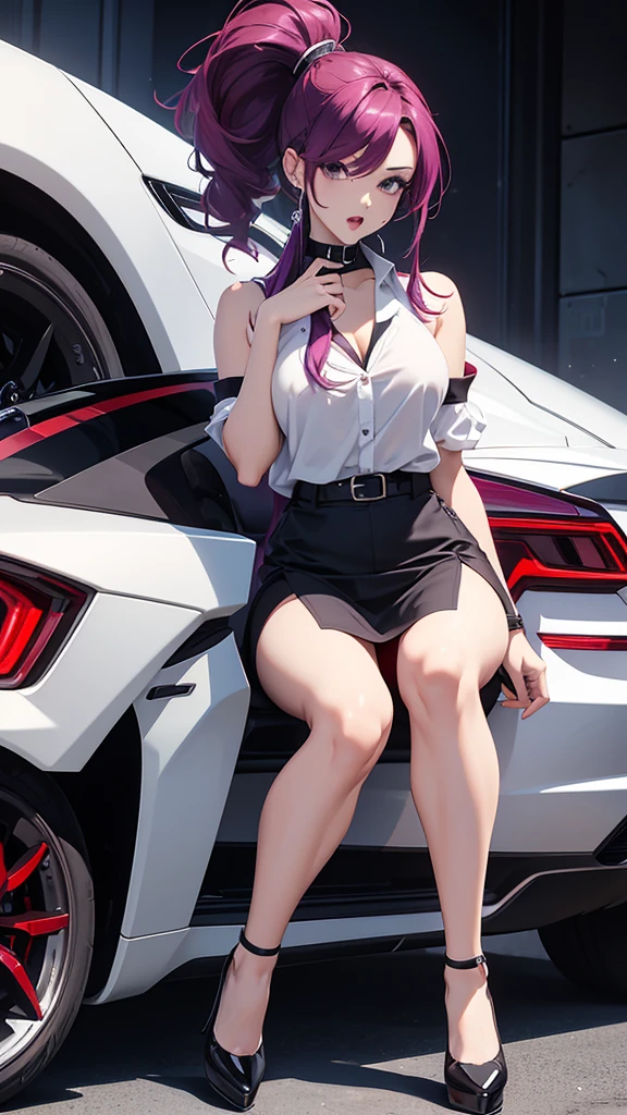 8k, beautiful woman, whole body, hair ponytail, split pompadour, red purple hair, white blouse with no sleeves, black miniskirt, two bare legs, two bare arms, dark blue high heels, luxury car, Open mouth, slanted eyes, perfect body.
