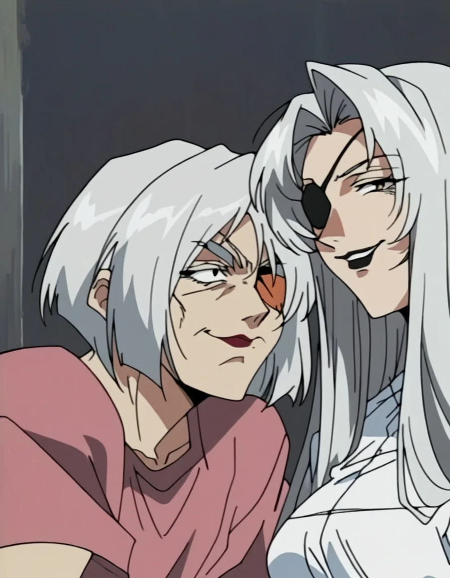 2 woman, 1 tall white hair woman, white short hair,, eyepatch, white shirt, black lipstick, golden chocker, huging, 1 japanese black long hair woman, long straight black hair, long hair, black chocker, pink shirt, black mouth, smile, milf