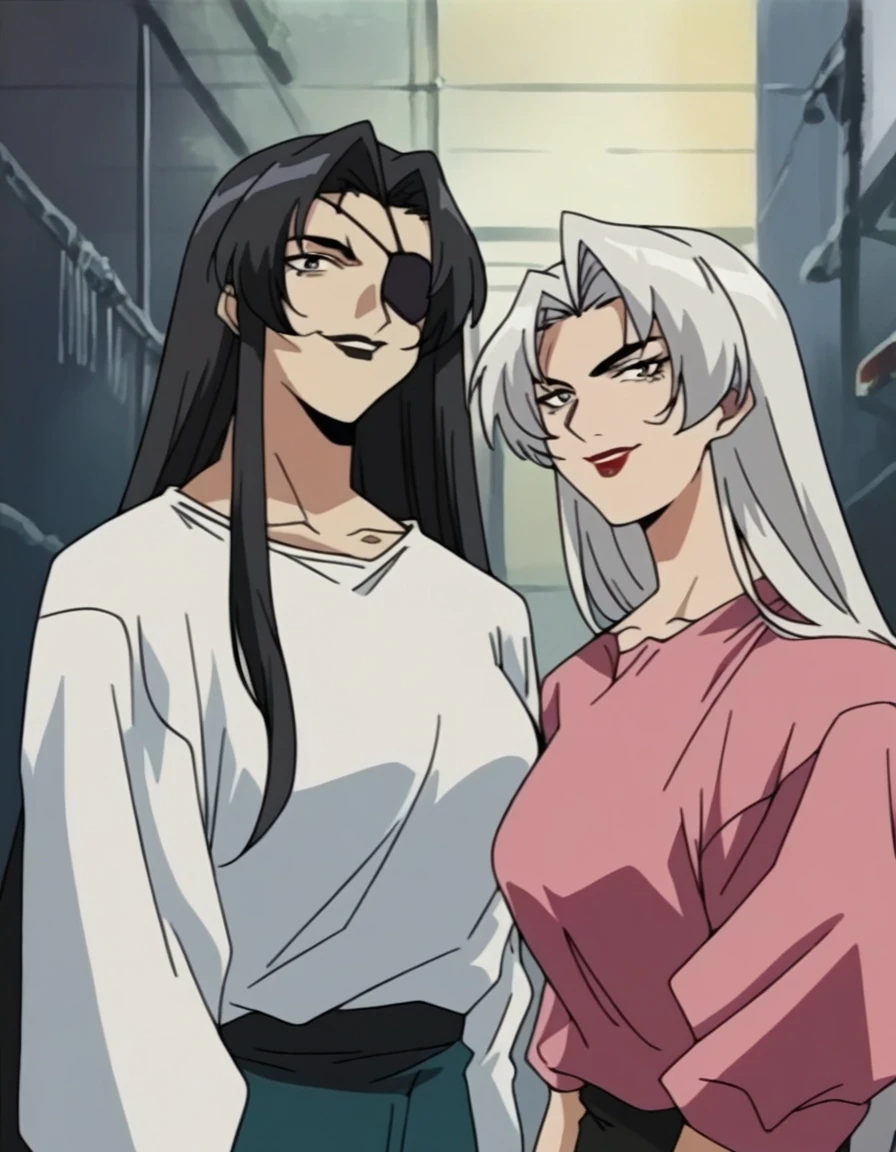 2 woman, 1 tall white hair woman, white short hair,, eyepatch, white shirt, black lipstick, golden chocker, huging, 1 japanese black long hair woman, long straight black hair, long hair, black chocker, pink shirt, black mouth, smile, milf