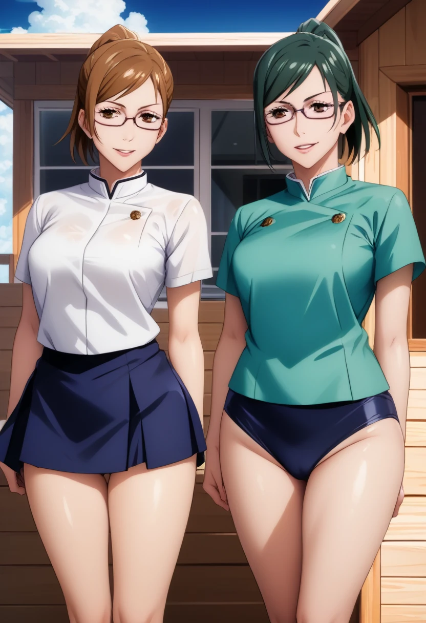 score_9_up, score_8_up, score_7_up, 2girls, mature females, (((Nobara Kugisaki and Maki Zenin))),(((First girl is Nobara has short brown bob hair, brown eyes, blue tight uniform with skirt))), (((Second girl is Maki has green ponytail hair, glasses, yellow eyes, blue tight uniform with tight skirt))), naughty smiles, they are looking at viewer,((yacht cabin)), day time, standing tall in seductive poses
