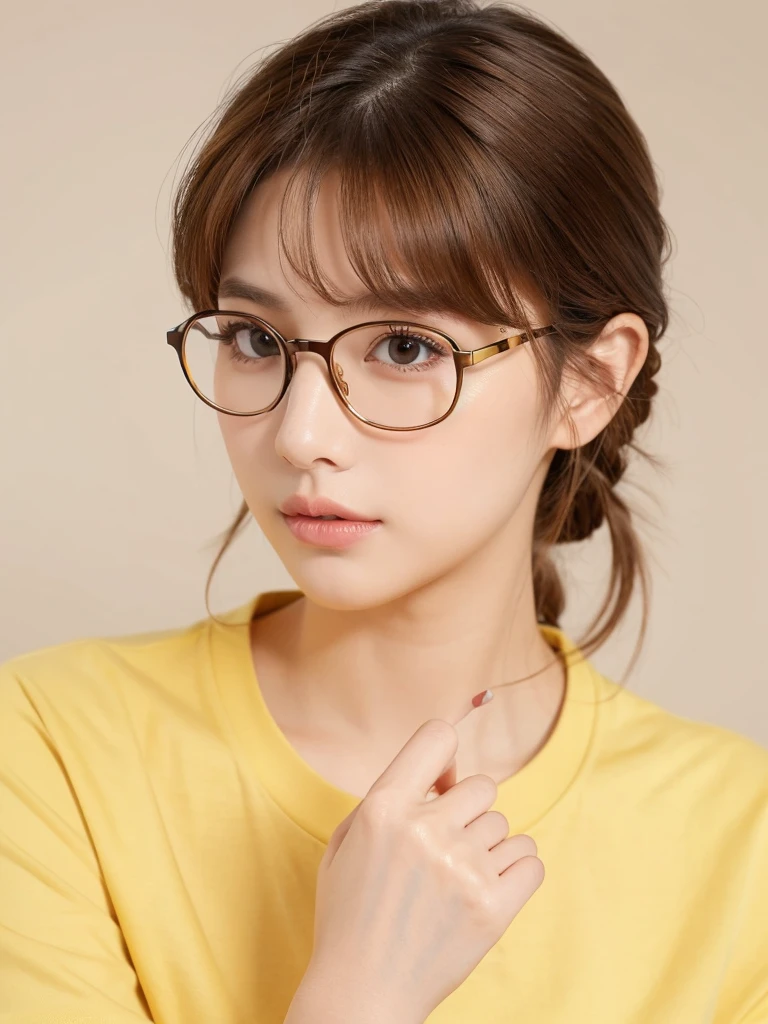 1girl, masterpiece, high_quality, yellow_shirt, glasses, brown_hair
