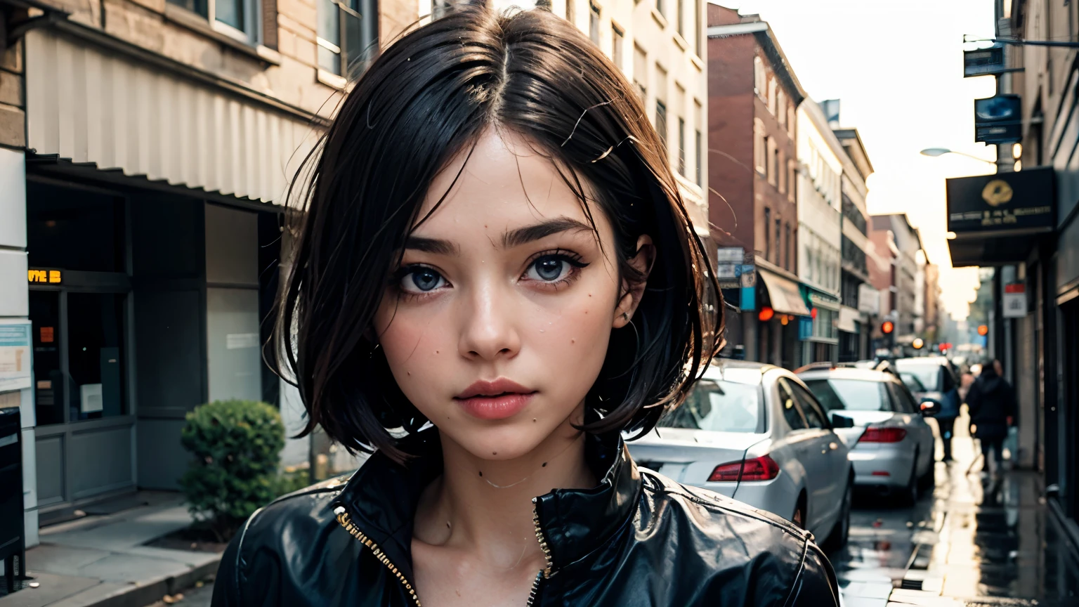 35mm film, solo, bob cut, makeup, blue eyes, , (formal shirt) (skirt) (((rain))) ((destroyed street))) (((sport jaket))) upper body, epiCPhoto,focus on face, close to viewer, intricate lines, intriguing atmosphere, sharp magnificent details, delicate features, elaborate details, beautiful girl, black hair, (short hair) 1girl ((upper body)) (Acne), ((beautiful lighting)) wet hair, wet girl  