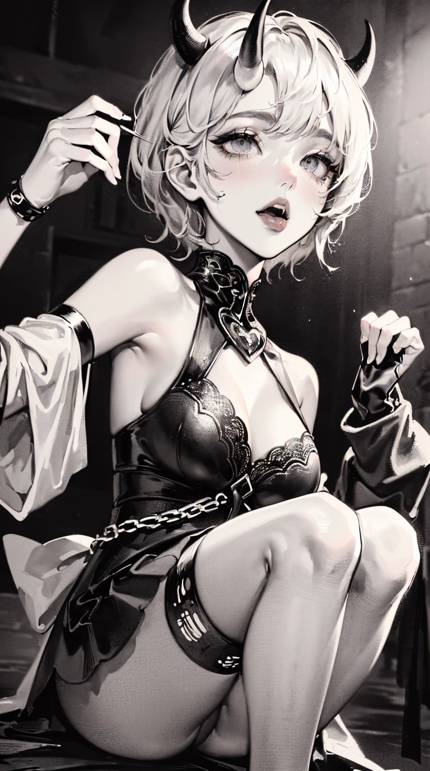 (((((((ink painting,monochromatic world, using only shades of black, white, and gray,Dark Style, grim,))))))(((cleavage dress,BDSM,))) (((saliva,tongue from mouth,blush:1.2，Veil,baggy cuffs,off shoulders)))，(zentangle:1.2), (geometric:1.2), ((1girl,under-aged,amazing,sharp focus,seductive girl，solo，full body:1.2))(Masterpiece,Best quality, offcial art, Beautiful and aesthetic:1.2),((Ultra-high resolution,Golden ratio,)) (16K),((upper upper shot,close of face:1.2,focus on face:1.2,succubi,sagging breasts)),(Physically-based rendering),Sharp focus, (((highdetailskin,))),Intricately detailed clothing，Delicate pupils,heart pupils,crimson pupils,Danfeng Eye,((((detailed hair|short hair|steep bangs|Long bold side bangs|top bow)))),slender,(masterpiece sidelighting),(The sheen),(beautiful hair,beautiful eyes,）((unbelievable Ridiculous,blur background,)),((extremely_Detailed_eyes_and_face)),Movie girl,(Dynamic configuration: 1.2),Brilliant,Glossy, (Photorealistic), mitts, ((hairpin)), two-sided fabric,disheveled hair,Ultra-precise depiction, Ultra-detailed depiction, devil horns, white hair