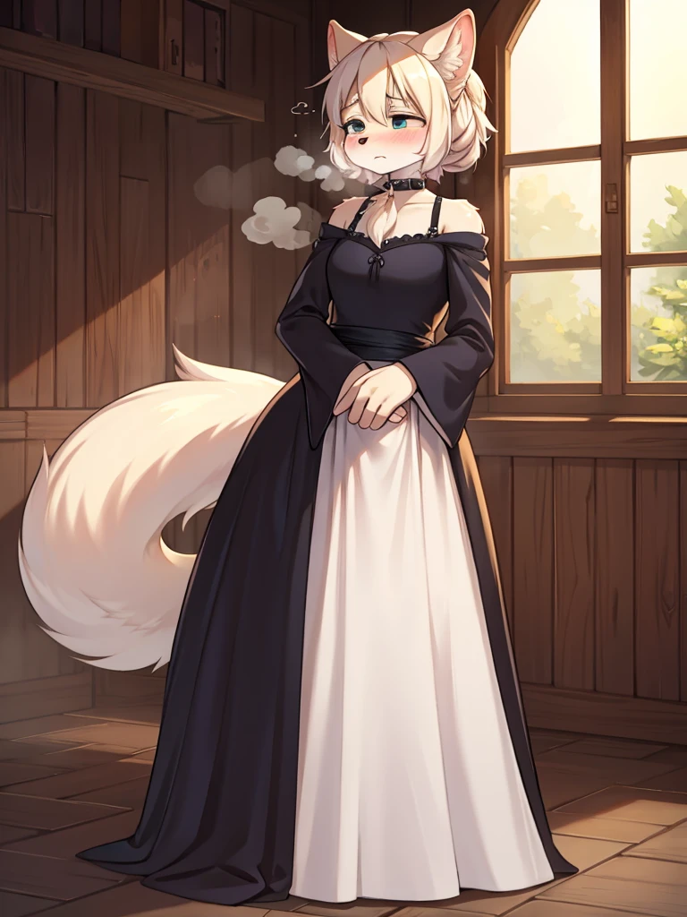 Neat long dress, itchy crotch, steamy breath