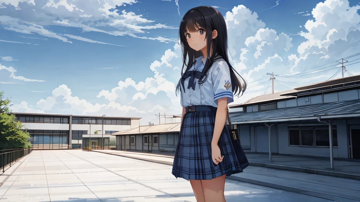 The background is a midsummer blue sky and cumulonimbus clouds、On the roof of the school building, a high school girl is standing in a summer uniform with a checkered skirt, looking up at the sky with an air of youth.、Her hairstyle is long black hair