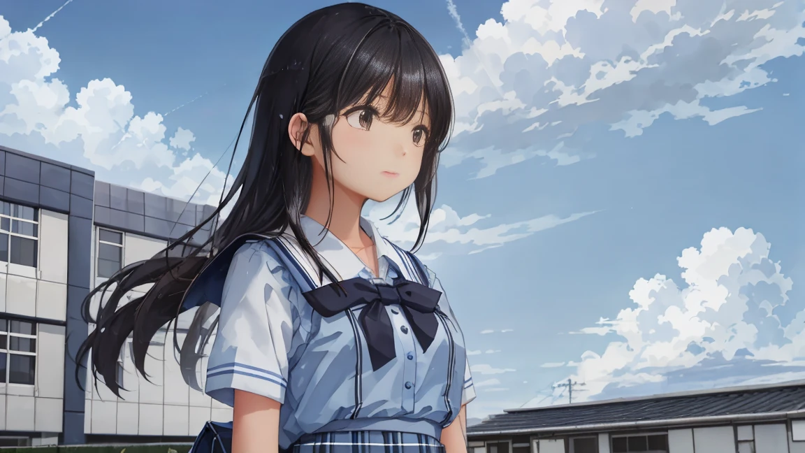The background is a midsummer blue sky and cumulonimbus clouds、On the roof of the school building, a high school girl is standing in a summer uniform with a checkered skirt, looking up at the sky with an air of youth.、Her hairstyle is long black hair