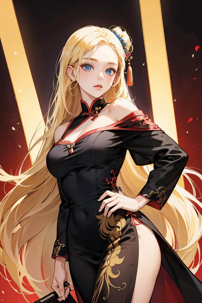 1girl, 30 years old, Seductive, chinese dress, black dress, off-the-shoulder, blonde hair, long hair, blonde, blue eyes, arrogant