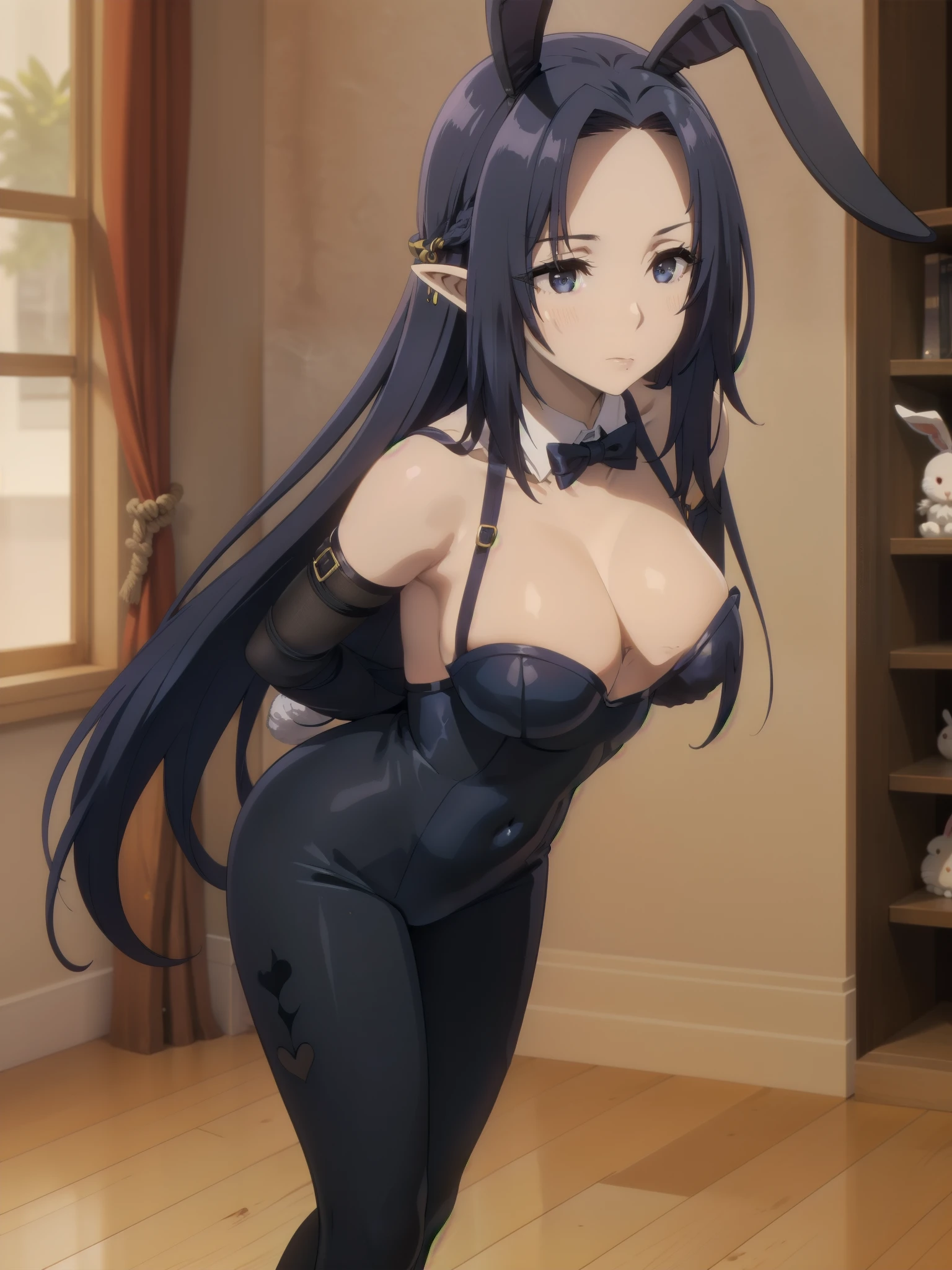 1girl, solo, suspension, down, rope, 1girl, bodysuit, bound arms, indoors, leotard, bdsm, shibari, arms behind back, restrained, navel, leaning forward, feet,dark blue hair,,long hair,blue eyes,pointy ears,elf(((skin exposure,bunny suit,bunny ears)))
