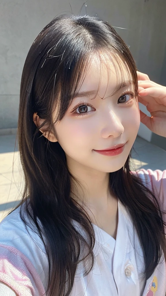 randome pose、(top-quality,masterpiece:1.3,超A high resolution,),(Ultra-detail,Caustics),(Photorealsitic:1.4,RAW shooting,)Ultra-realistic capture,A highly detailed,High resolution 16K human skin closeup、 Skin texture is natural、、The skin looks healthy with an even tone、 Use natural light and color,1 girl,japanes,22year old,kawaii,Black Hair、Middle hair,,smil,,(depth of fields、chromatic abberation、、Wide range of lighting、Natural Shading、)、Wear pajamas