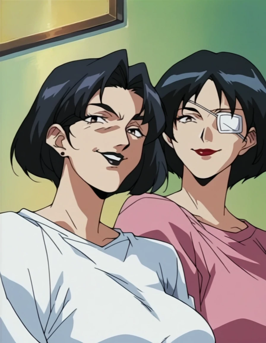 2 woman, 1 tall white short hair woman, eyepatch, white shirt, black lipstick, huging, 1 japanese long straight black hair woman, black chocker, pink shirt, black mouth, smile, milf