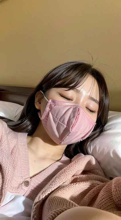 Girl with a vibrator, junior high school student with too big, 15 years old, sleeping on bed, plump, closing eyes, falling down, yawning, excitement, mask,