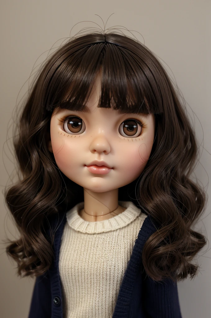 blythe doll, slightly short, wavy hair with butterfly fringe, dark brown color, dark brown almond eyes, ball nose, medium lips, round face with cheeks, navy blue sweater