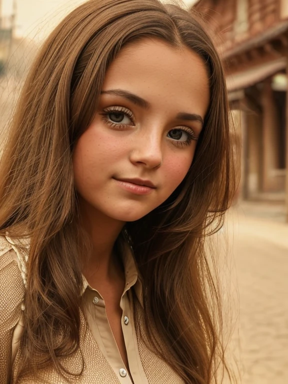 ((Retro sepia photo)), front:1.5, blurry and blurry, discolored sepia:1.2, (portrait красивой 12-летней девочки), Фото front, long hair, clear eyes, I look at the viewer, wear a blouse without a collar, breathtaking artistic photo: 1.2, portrait, evoking a sense of beauty