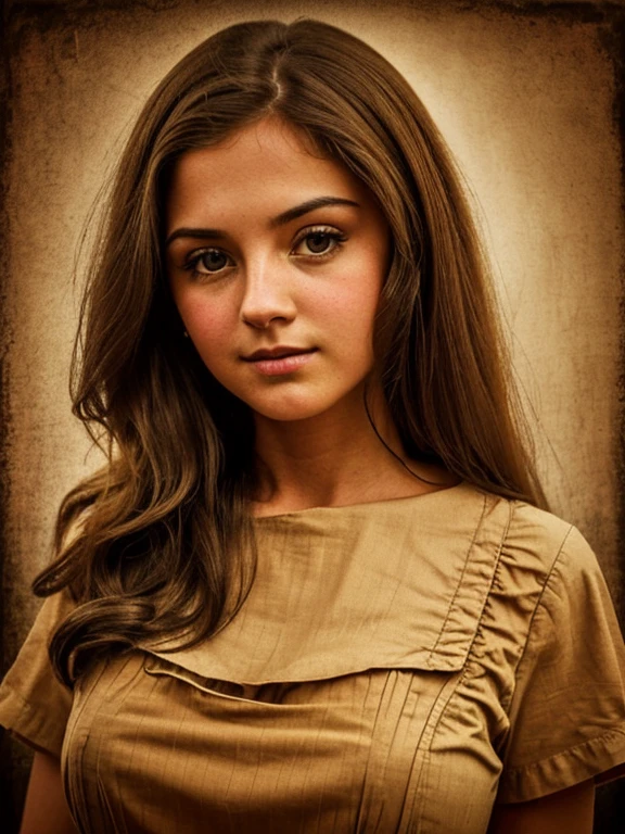 ((Retro sepia photo)), front:1.5, blurry and blurry, discolored sepia:1.2, (portrait красивой 12-летней девочки), Фото front, long hair, clear eyes, I look at the viewer, wear a blouse without a collar, breathtaking artistic photo: 1.2, portrait, evoking a sense of beauty