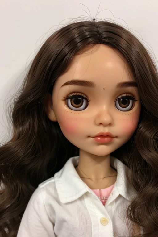 Blythe doll Wavy hair, brown eyes, mole on right eye, light brown skin no hair on forehead