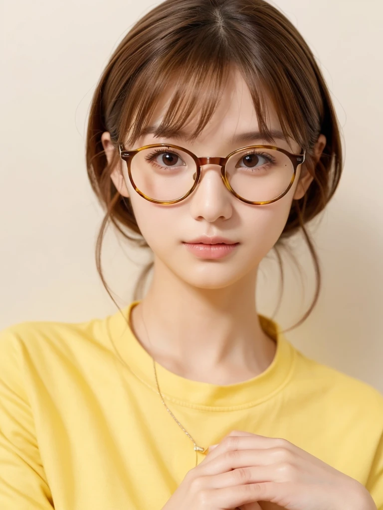 1girl, masterpiece, high_quality, yellow_shirt, glasses, brown_hair