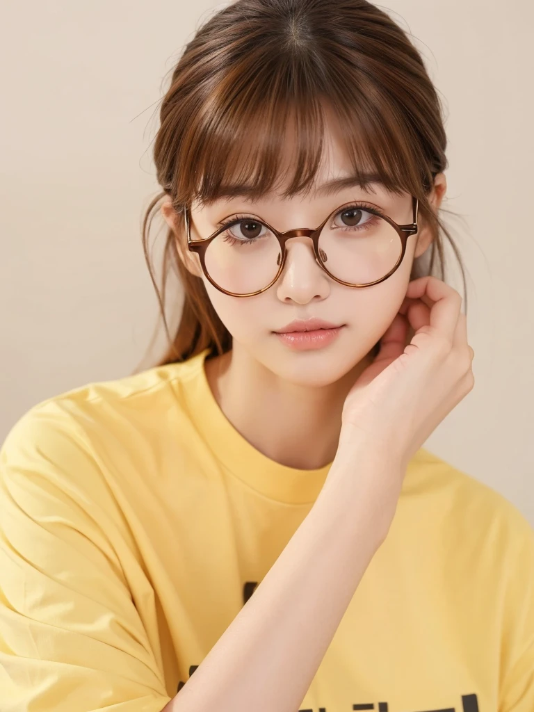 1girl, masterpiece, high_quality, yellow_shirt, glasses, brown_hair