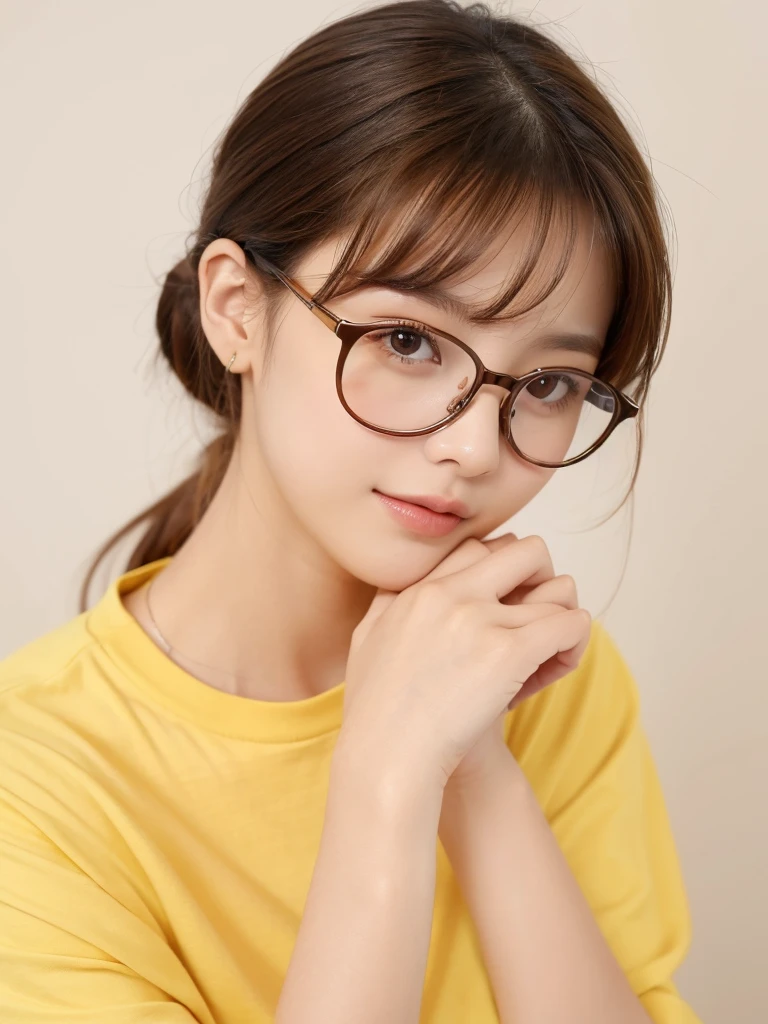 1girl, masterpiece, high_quality, yellow_shirt, glasses, brown_hair