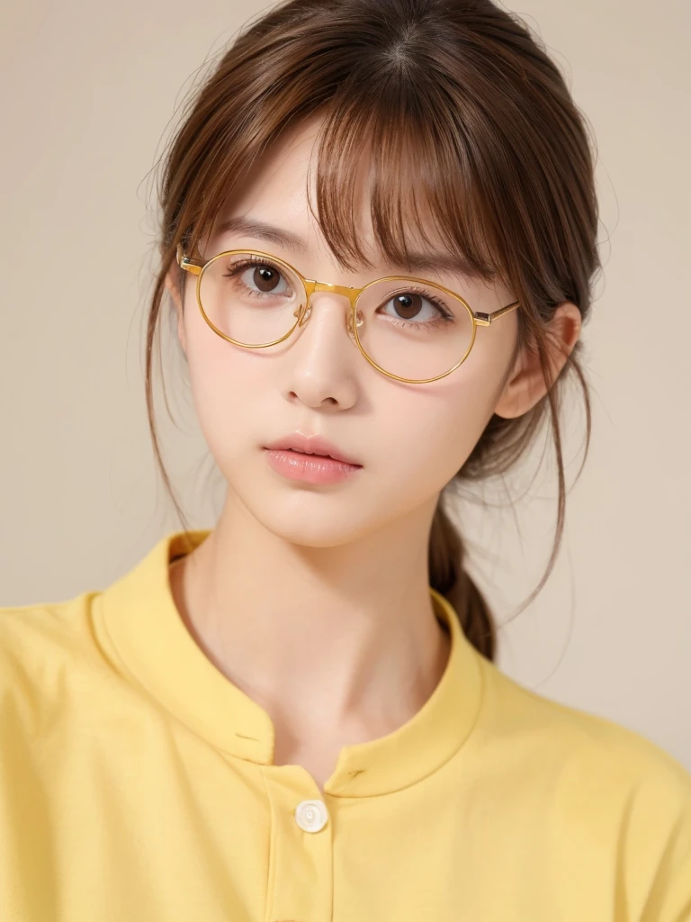 1girl, masterpiece, high_quality, yellow_shirt, glasses, brown_hair